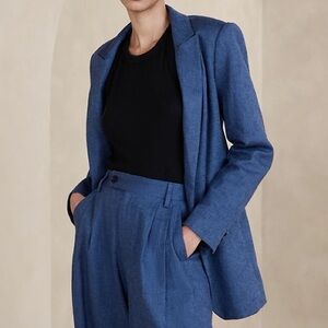 Banana Republic Linen-blend Long and Lean Blazer Cross Blue Herringbone 4